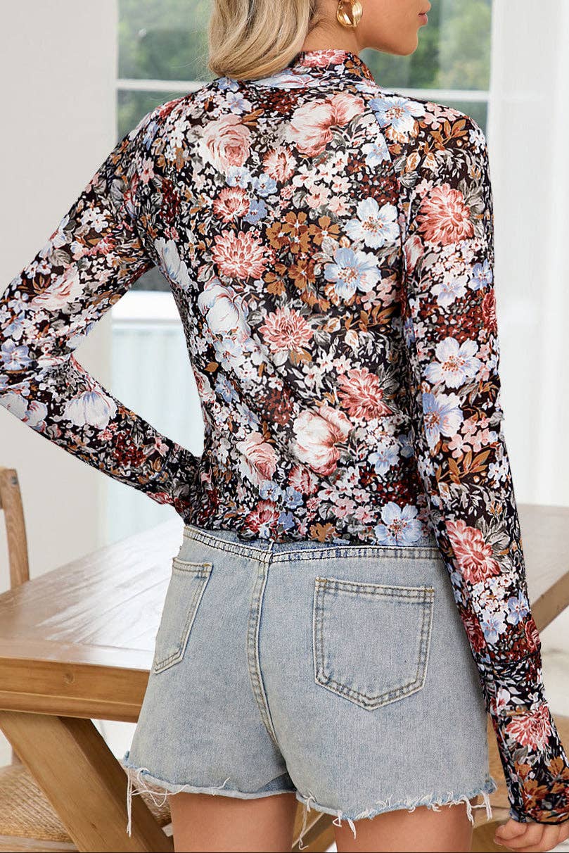 Floral Mesh Long Sleeve Blouse: Brown