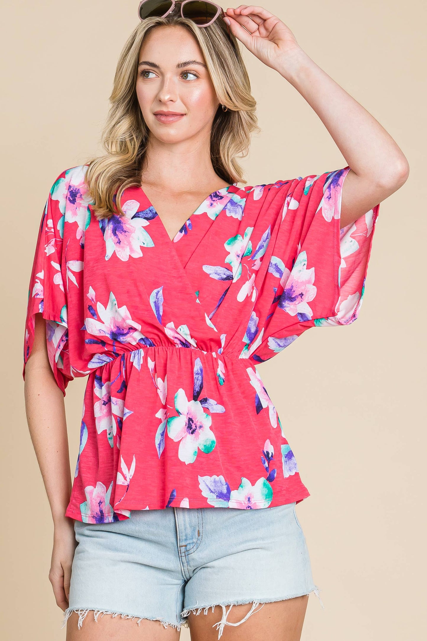 BOLD FLORAL WRAP TOP: RASPBERRY
