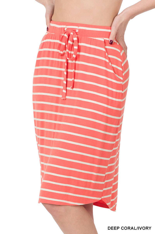 Stripe Self Tie Tulip Hem Skirt: DEEP CORAL/IVORY