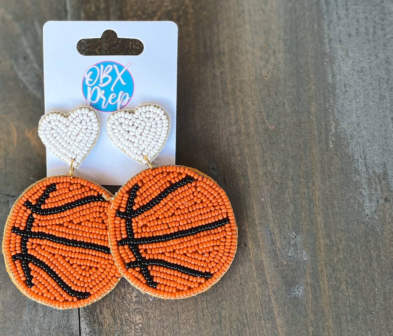 Basketball Heart Seed Bead Dangle Earrings