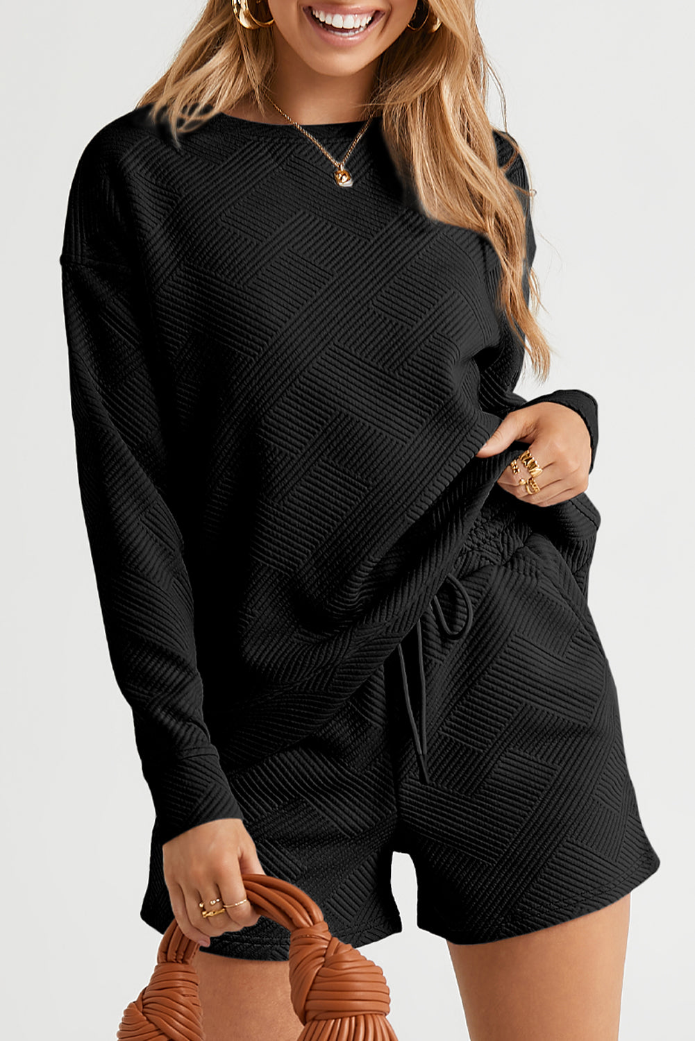 Black Textured Long Sleeve Top & Drawstring Shorts