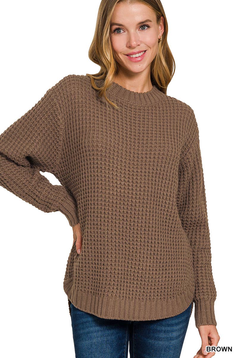 Brown Hi Low Long Sleeve Round Neck Waffle Sweater