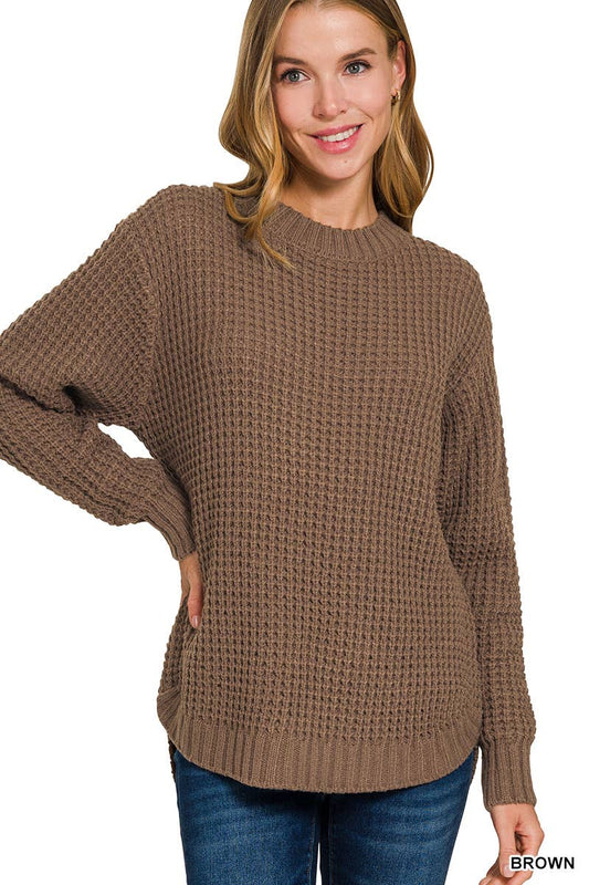 Brown Hi Low Long Sleeve Round Neck Waffle Sweater
