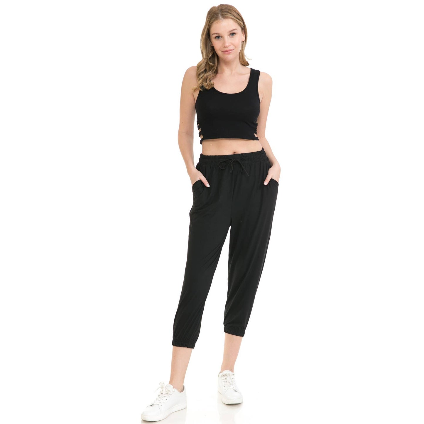 Buttery Soft Solid Capri Joggers with Drawstring: Black