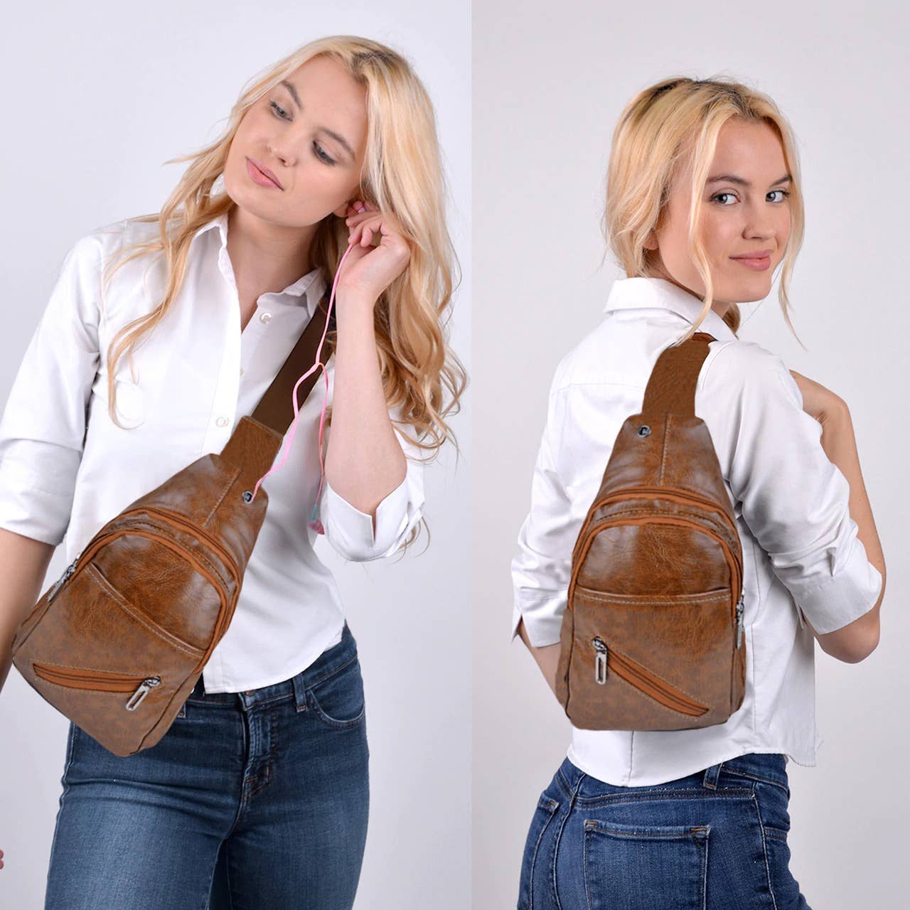 Brown PU Leather Crossbody Sling Bag