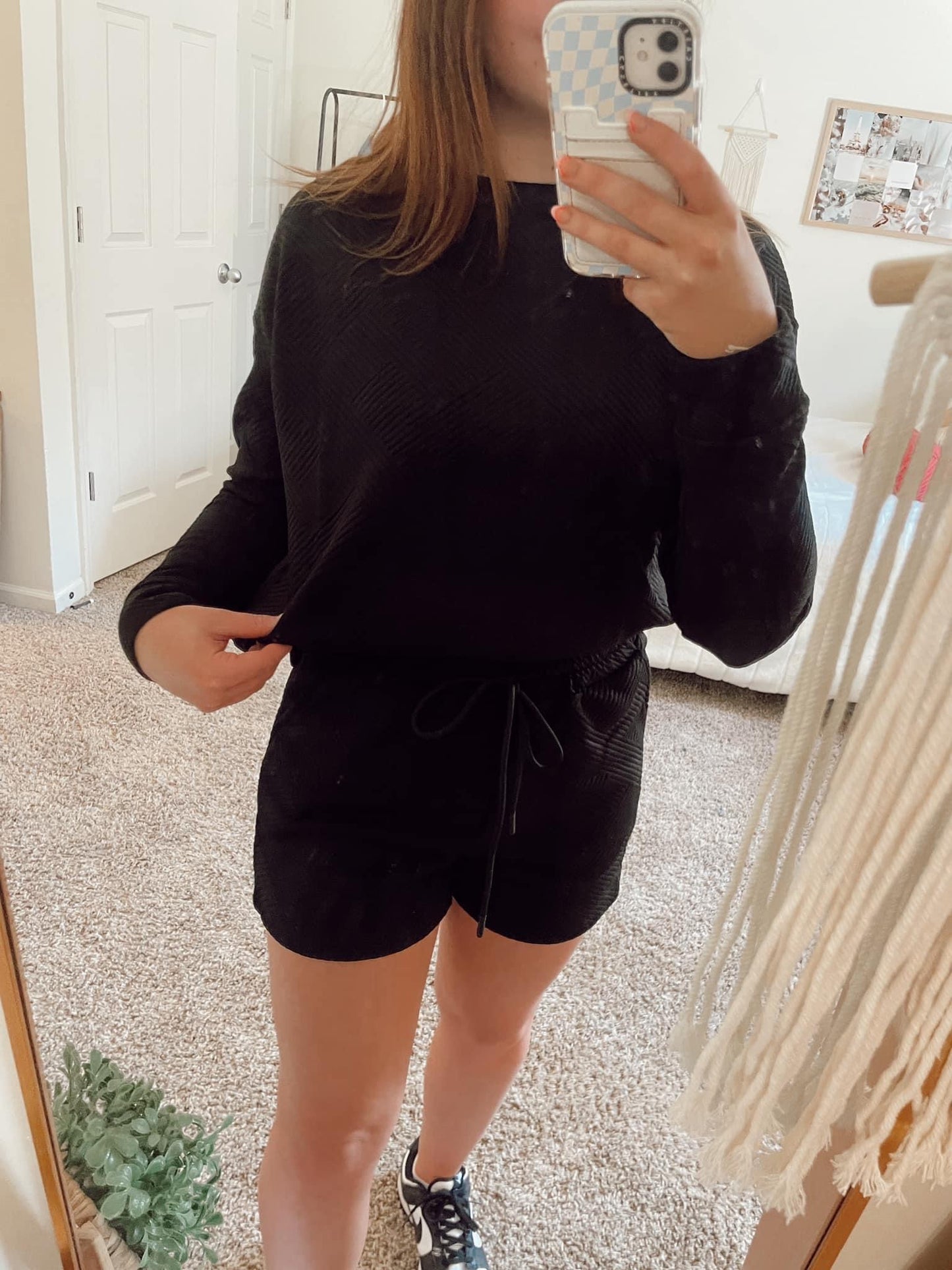 Black Textured Long Sleeve Top & Drawstring Shorts