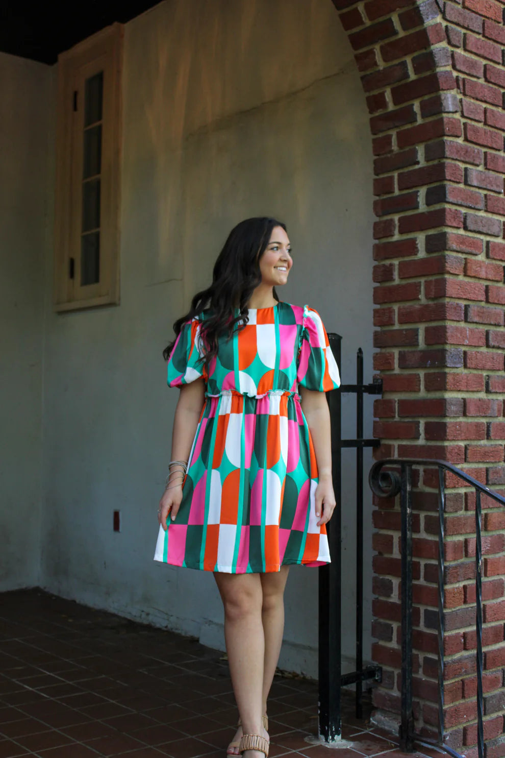 Abstract Puff Sleeve Dress