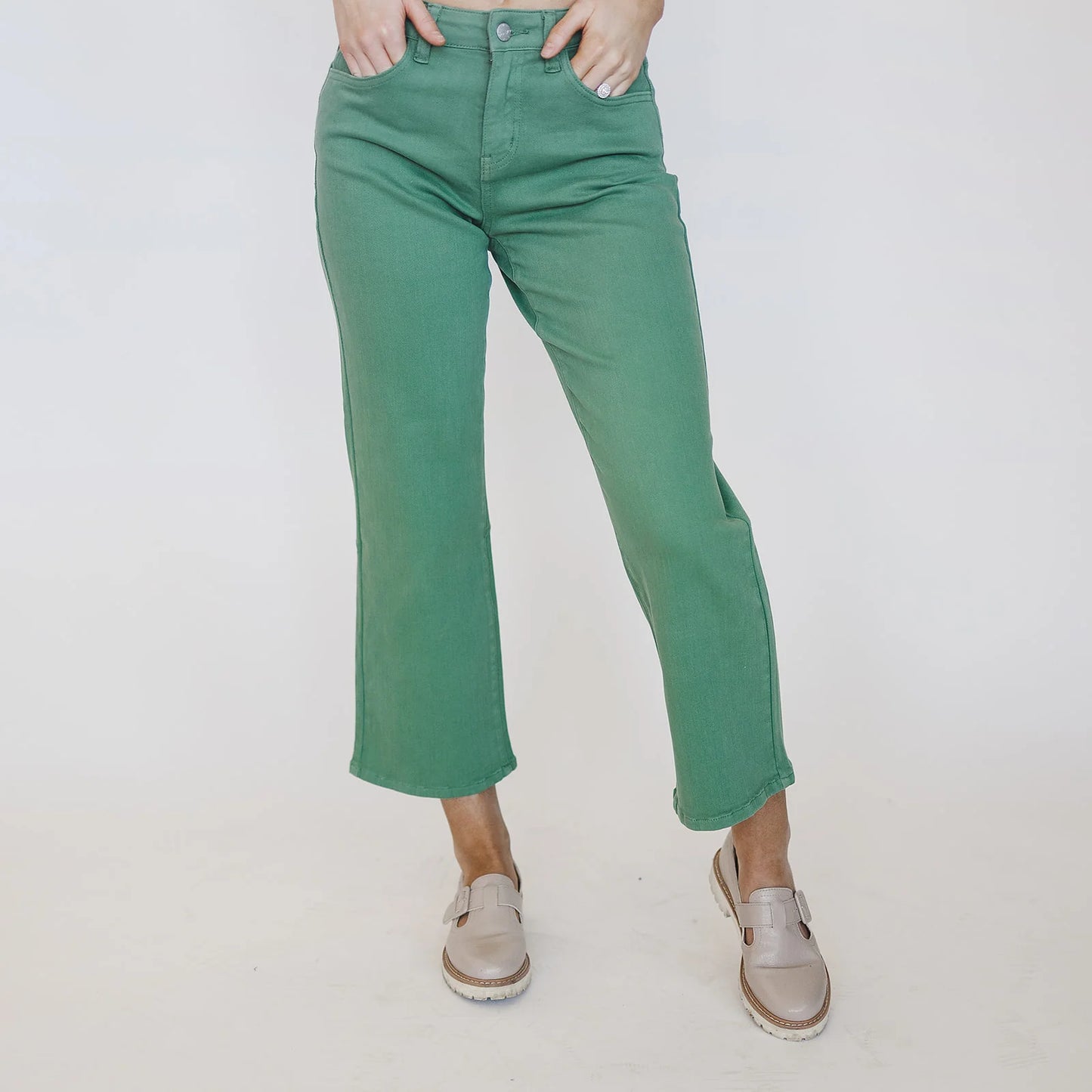 Hi-Rise Garment-Dyed Cropped Wide Leg Jeans - Green