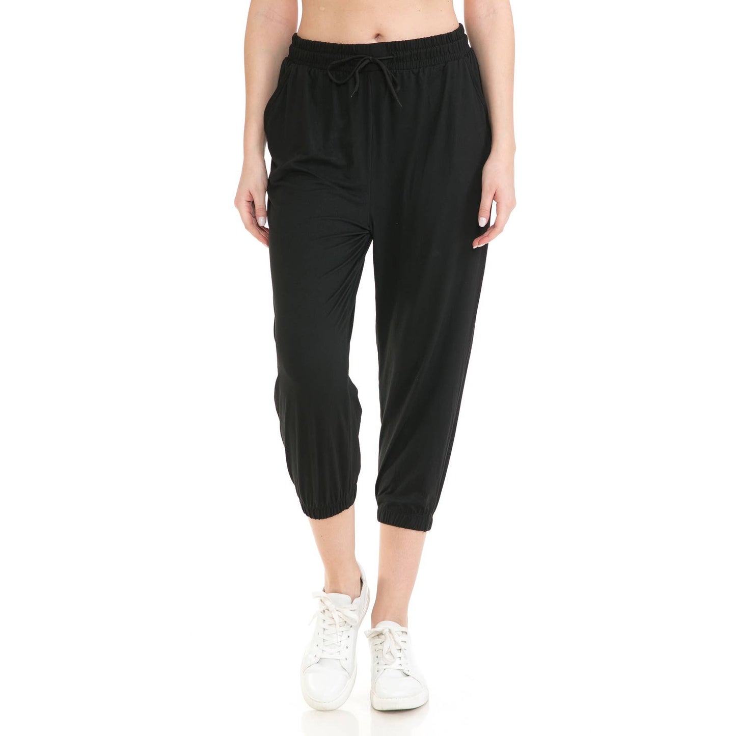 Buttery Soft Solid Capri Joggers with Drawstring: Black