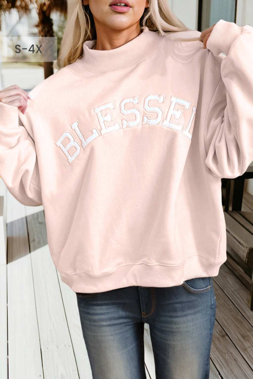 Blessed Embroidered Mock Neck Sweatshirt