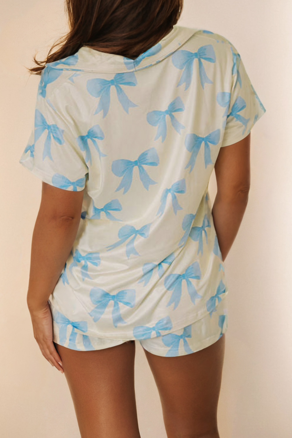 Bow Printed Short Sleeve Shirt and Shorts Pajama Set
