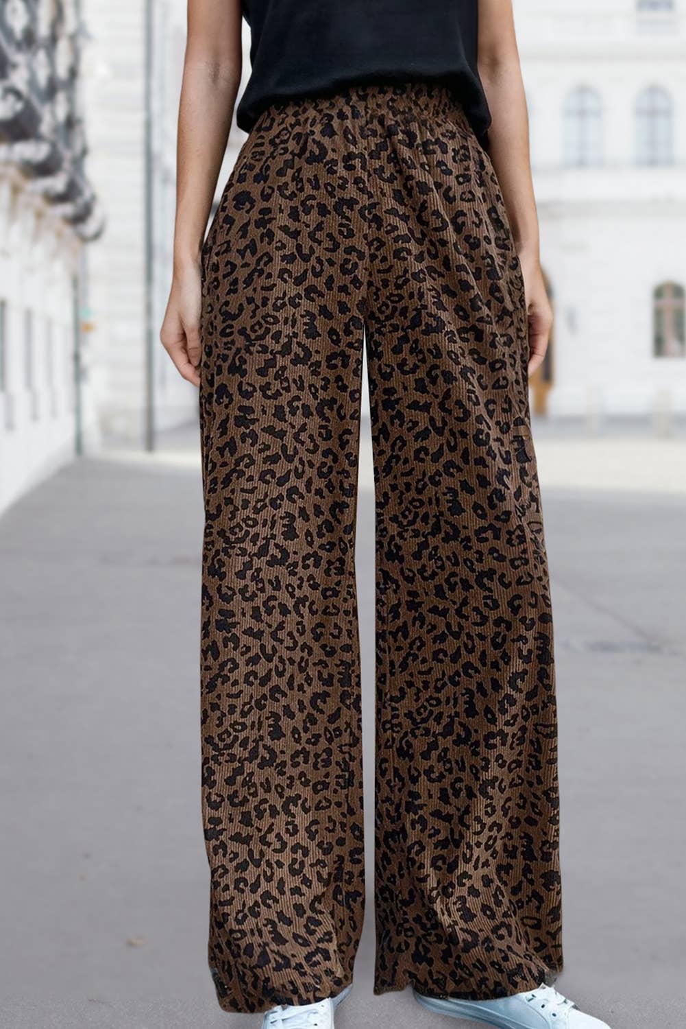 Corduroy Leopard Elastic High Waist Loose Pants
