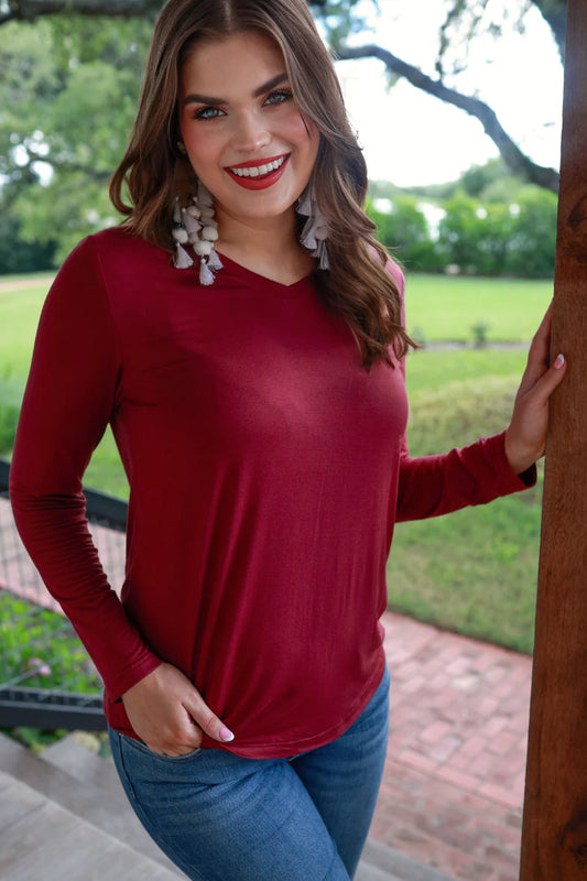 Brittany Basic Long Sleeve Tee- Burgundy