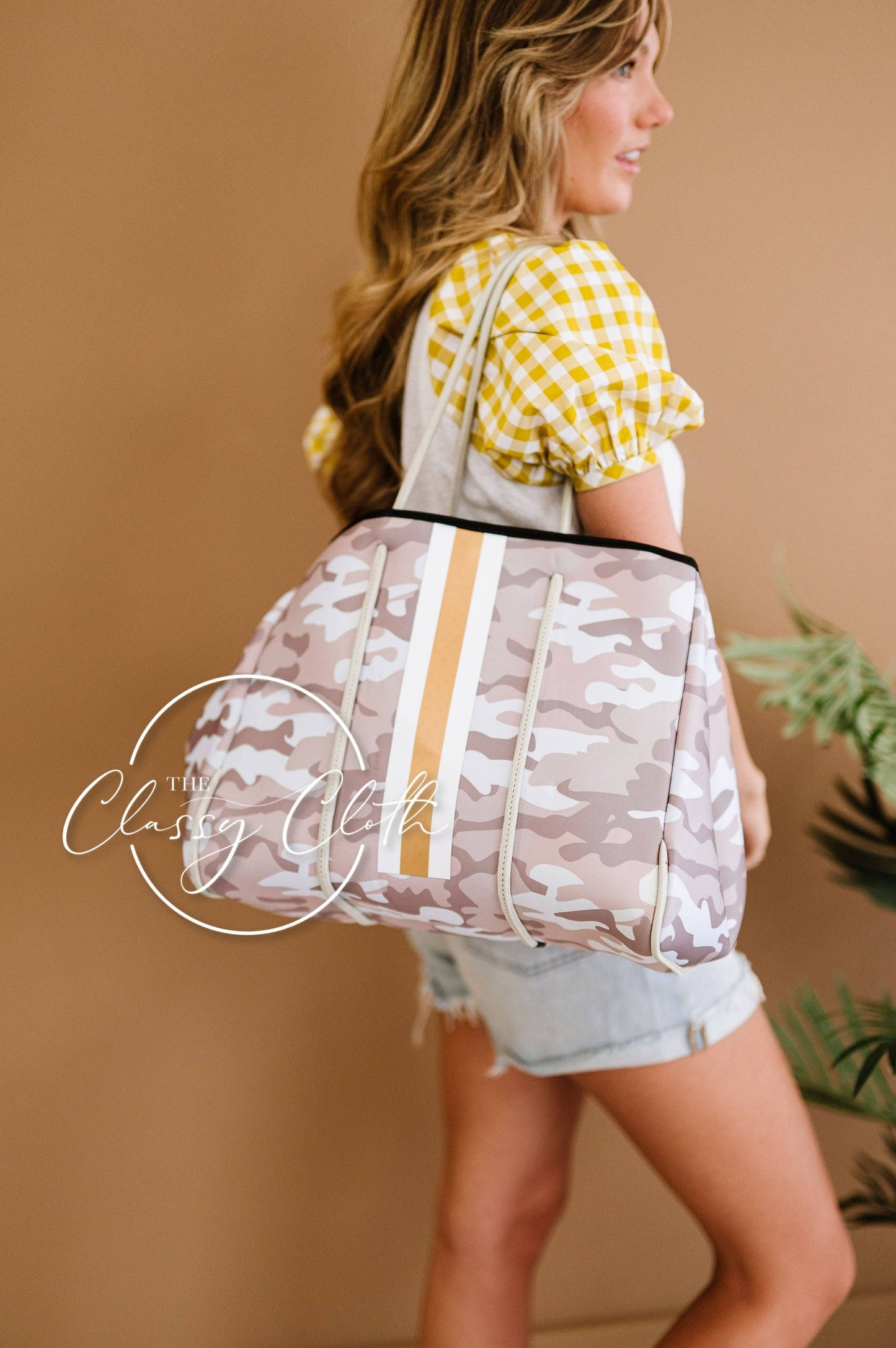 Neoprene Carryall Tote - Beige Camo w Gold Stripe