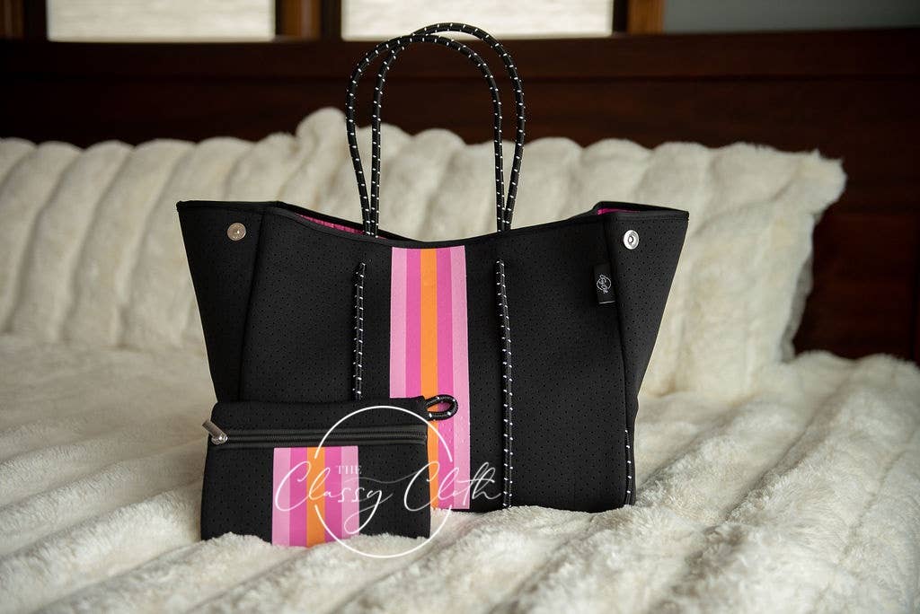 Neoprene Carryall Tote - Black w Hot Pink & Orange Stripe