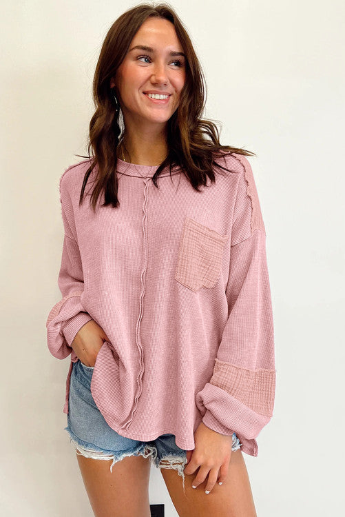 Pink Patchwork Bubble Sleeve Waffle Knit Top