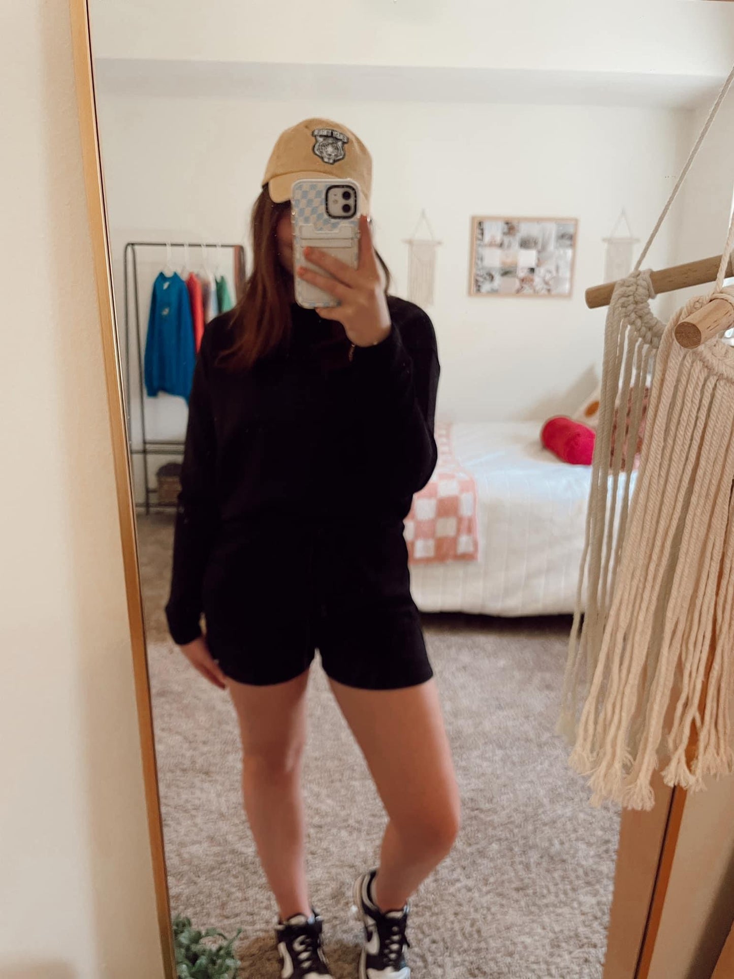 Black Textured Long Sleeve Top & Drawstring Shorts