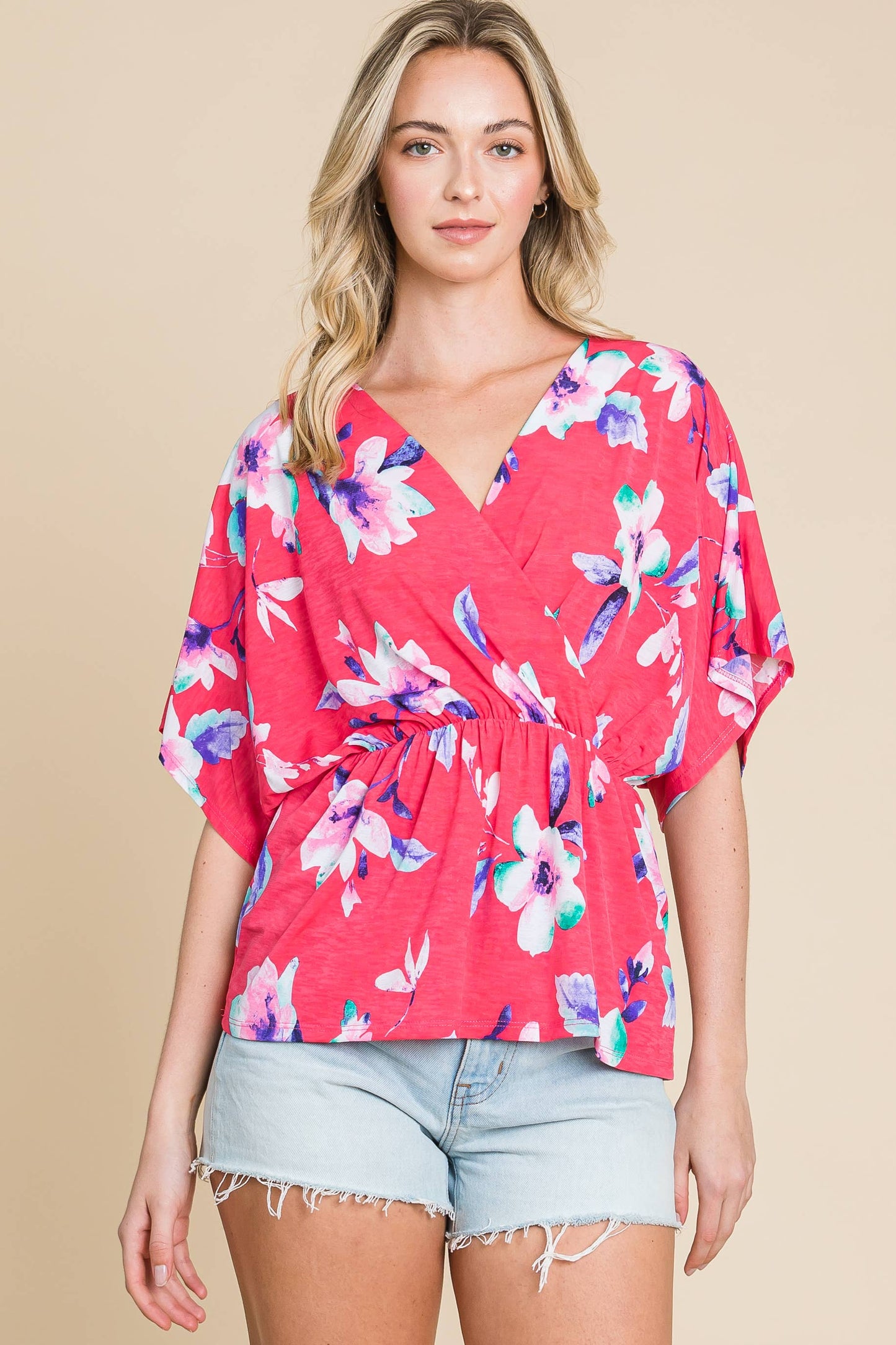 BOLD FLORAL WRAP TOP: RASPBERRY