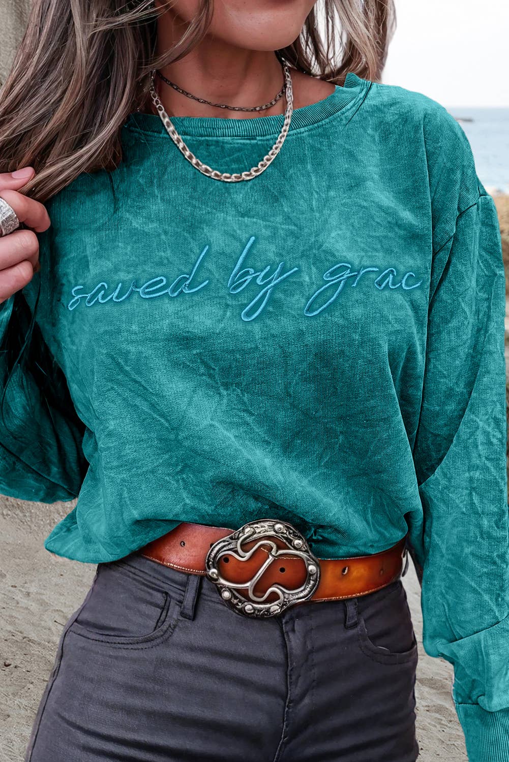 Saved by grace Embroidery Mineral Wash Sweatshirt