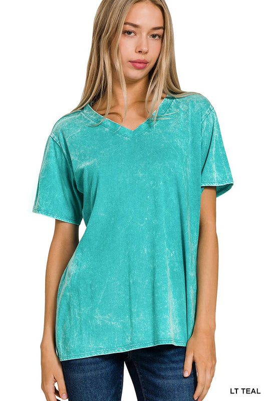 Washed Cotton Short Sleeve Top Vneck