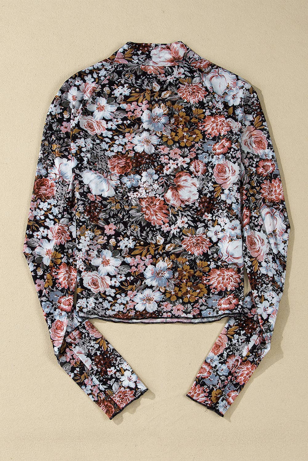 Floral Mesh Long Sleeve Blouse: Brown