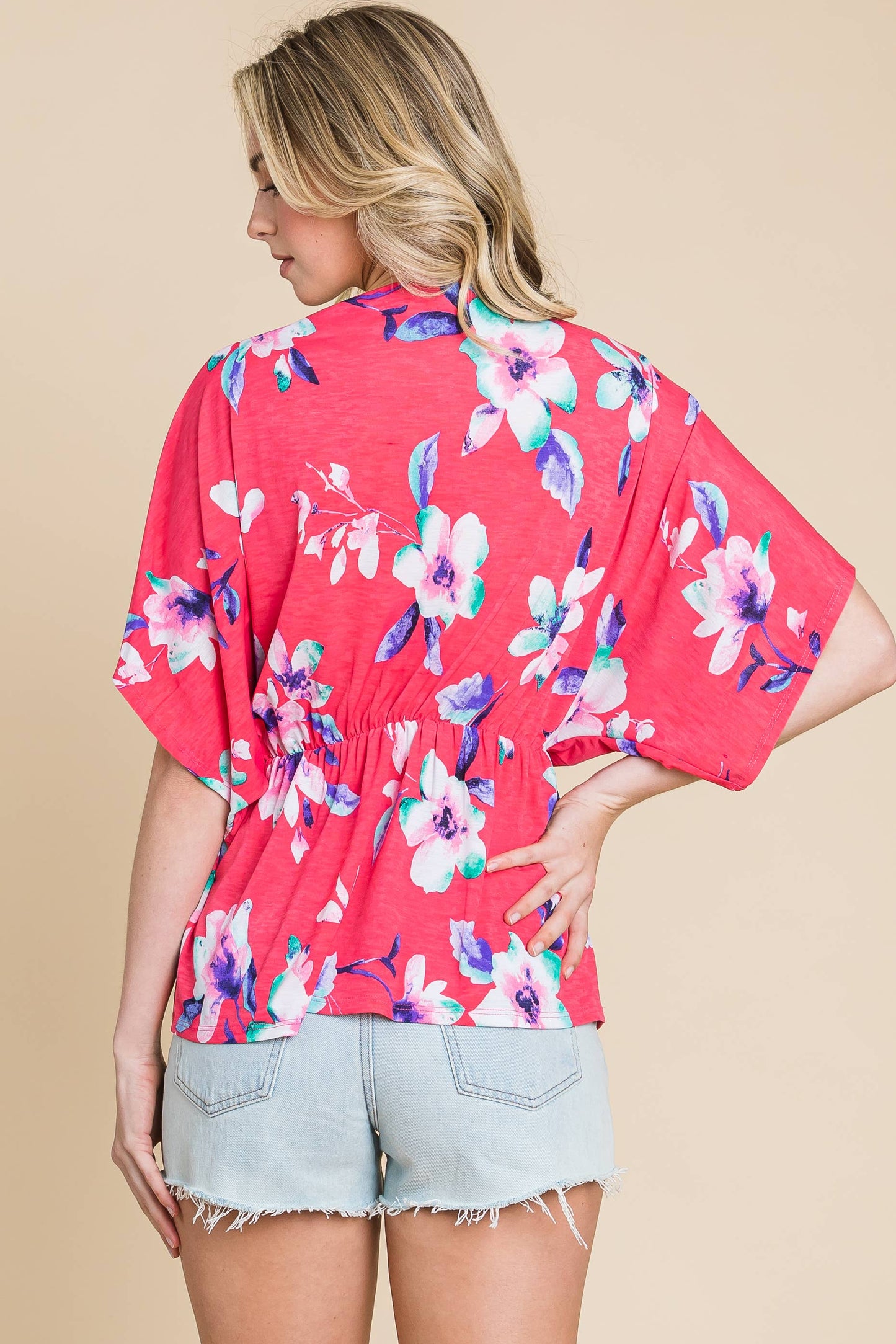 BOLD FLORAL WRAP TOP: RASPBERRY