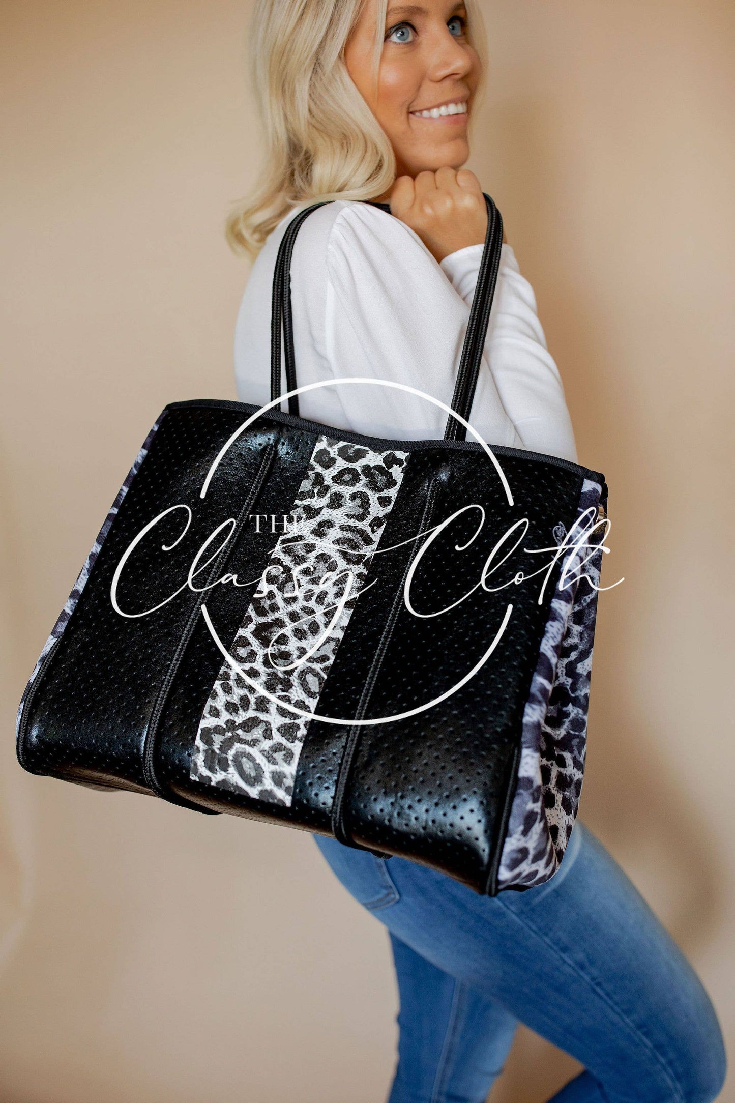 Neoprene Carryall Tote - Black w Leopard Sides