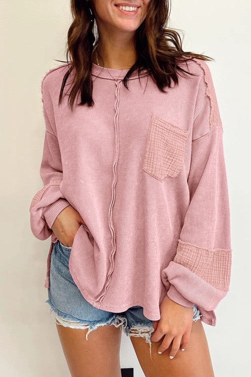 Pink Patchwork Bubble Sleeve Waffle Knit Top