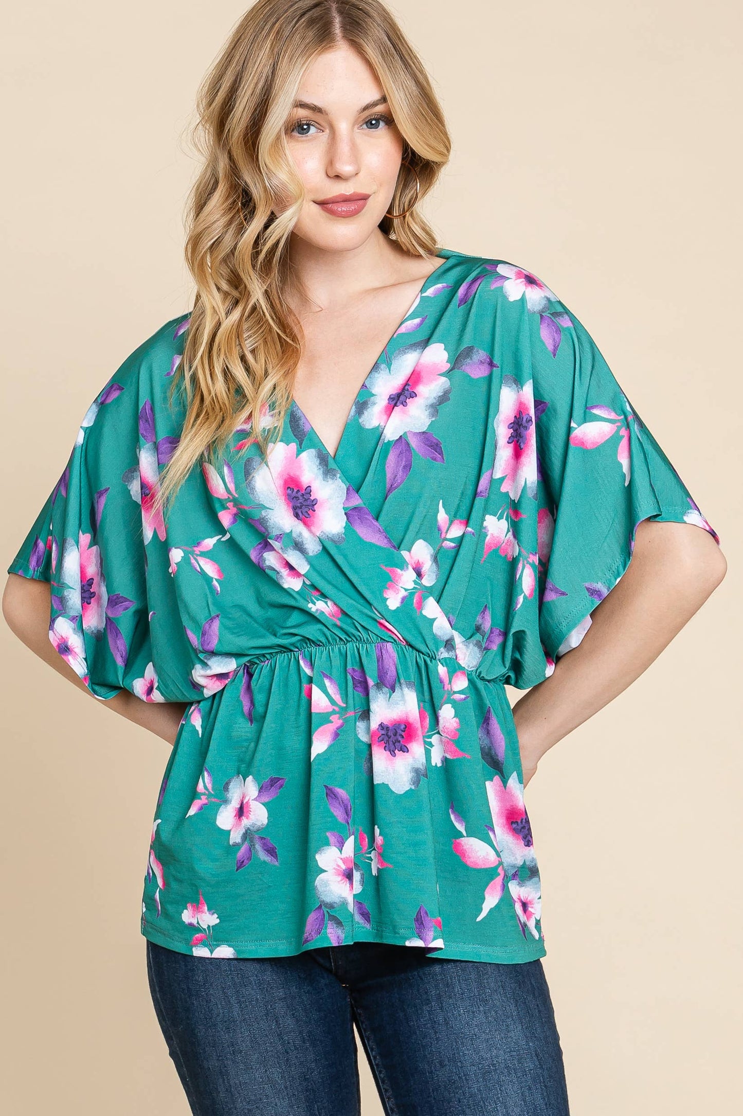 BOLD FLORAL WRAP TOP: RASPBERRY