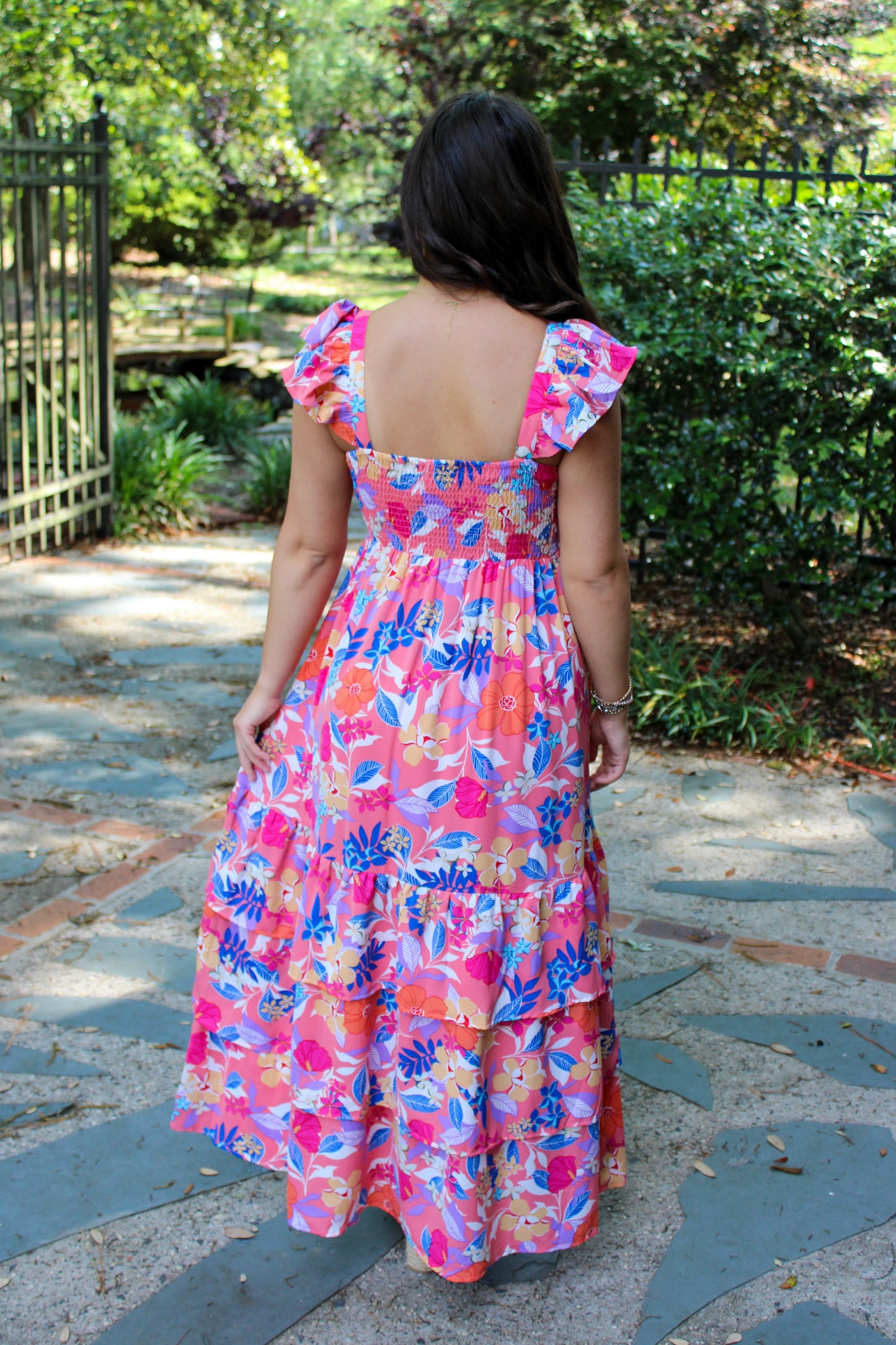 Pink Floral Ruffle Maxi Dress