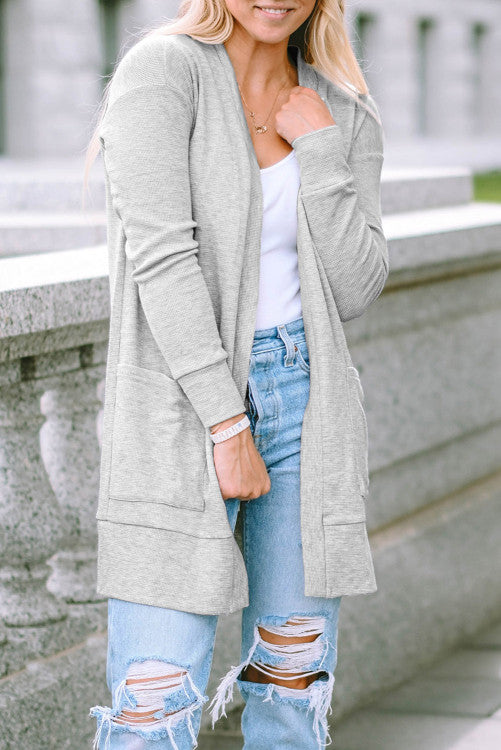 Light Gray Thermal Waffle Knit Pocketed Cardigan