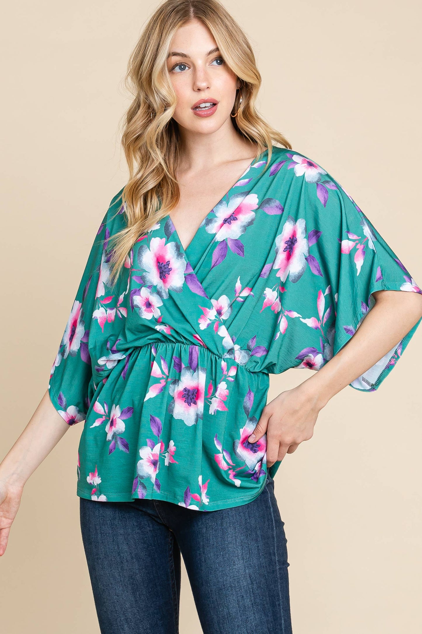 BOLD FLORAL WRAP TOP: RASPBERRY