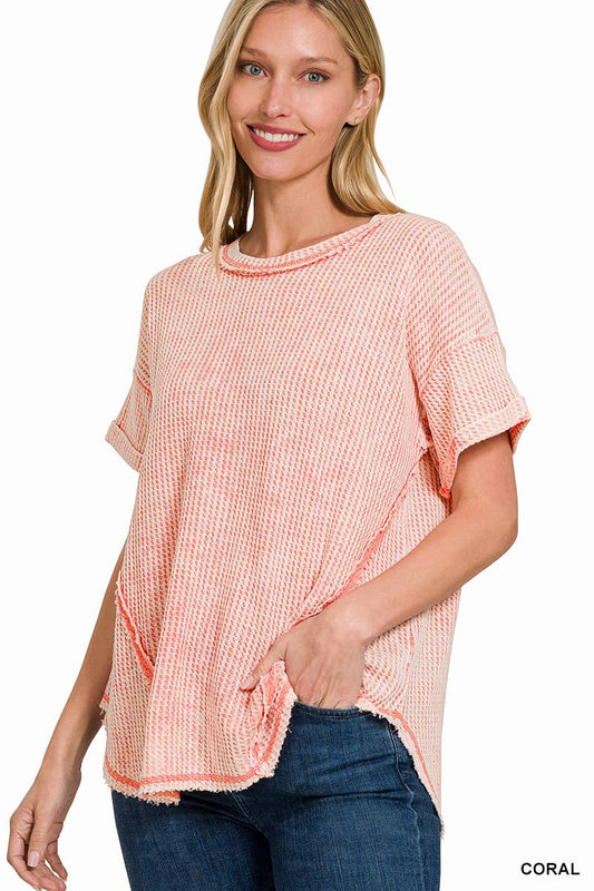 Coral Washed Baby Waffle Short Sleeve Top