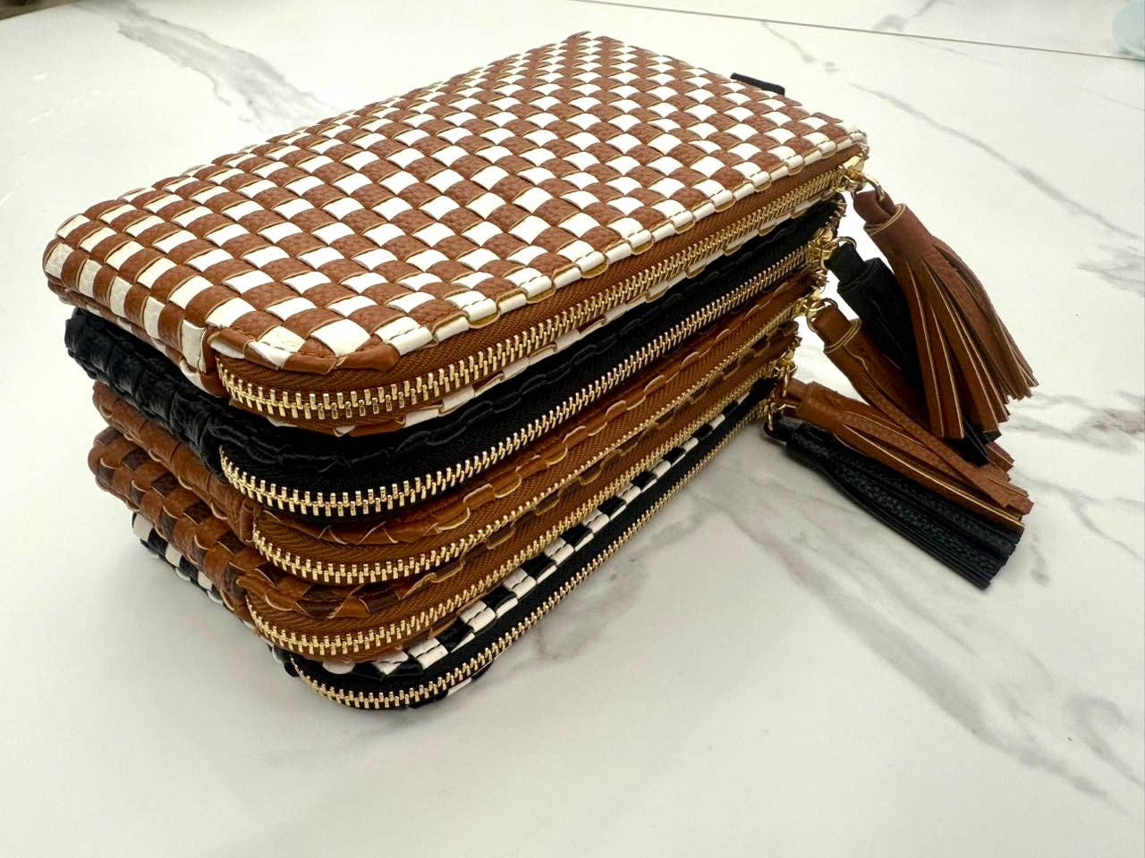 Lila Woven Wallet Wristlet - Tan Checkered