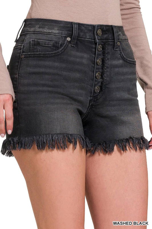 FRAYED BUTTON FLY BLACK SHORTS