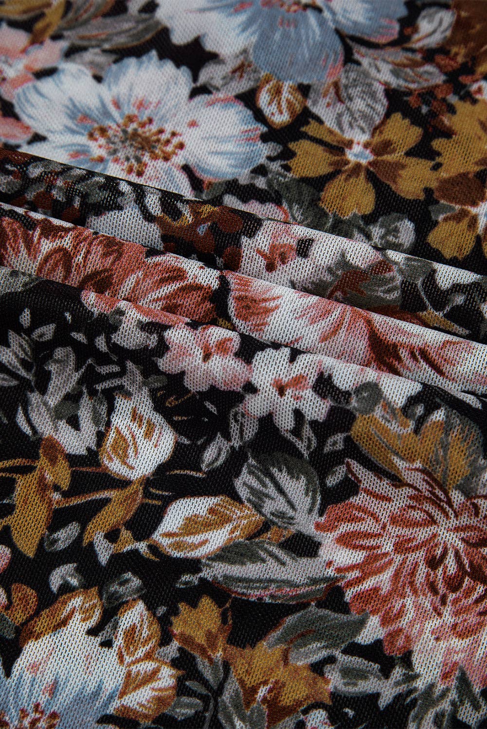 Floral Mesh Long Sleeve Blouse: Brown