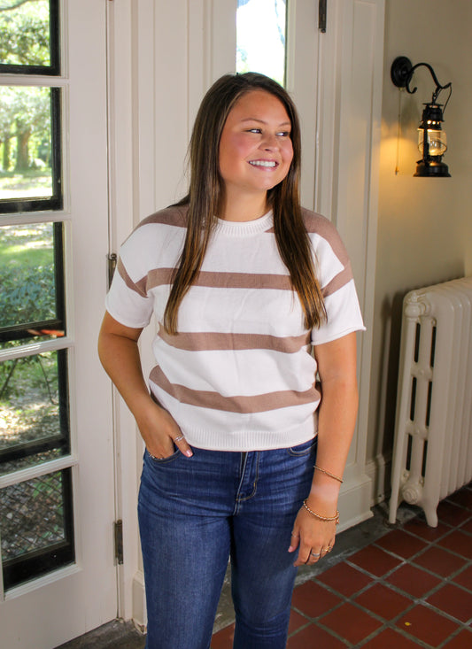 Brown and White Striped Knitted Top