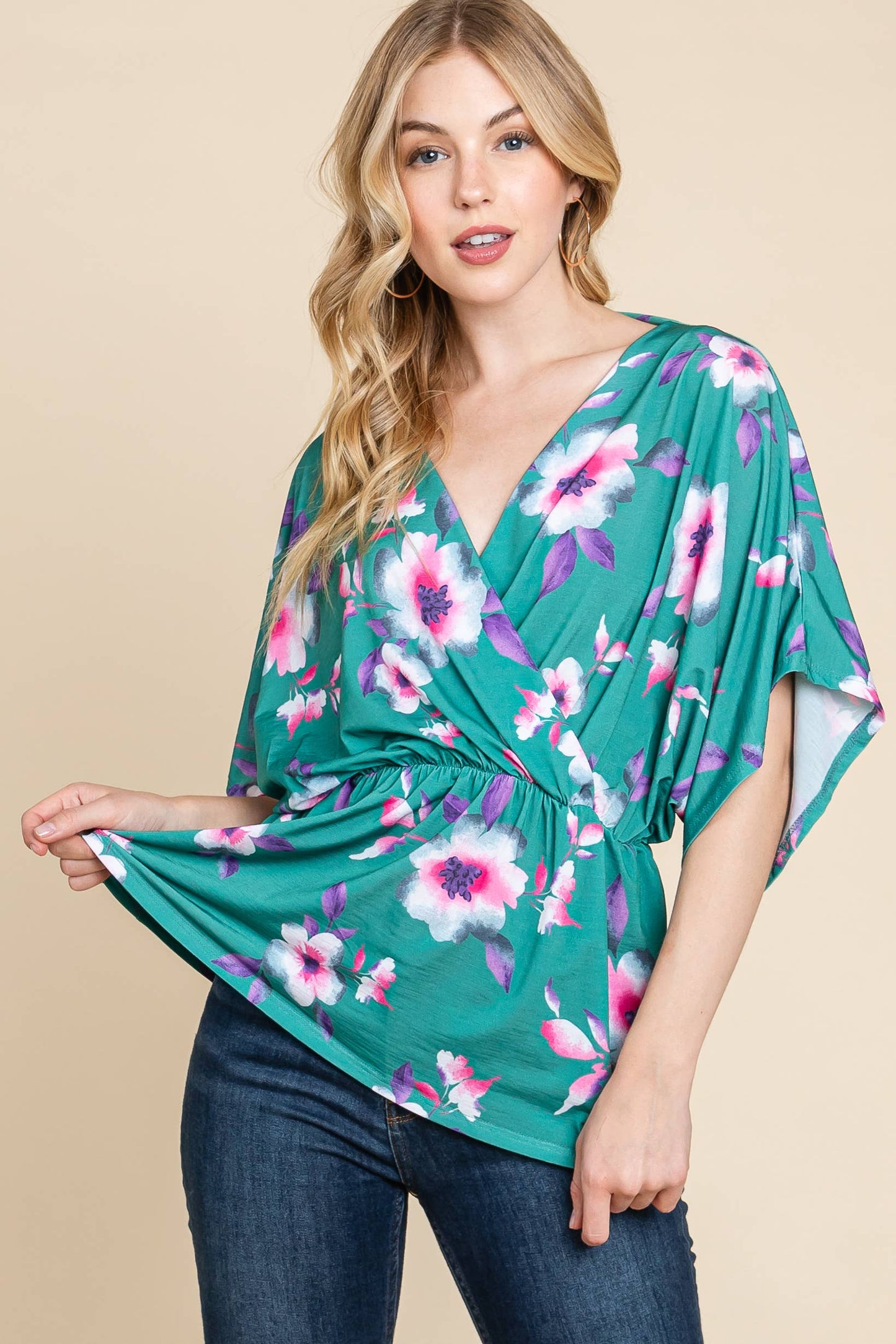 BOLD FLORAL WRAP TOP: RASPBERRY