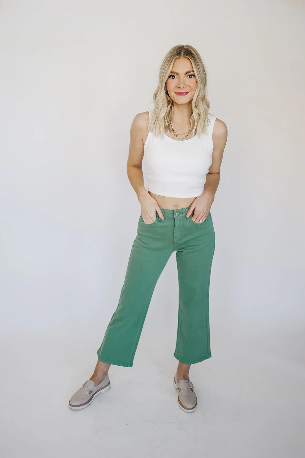 Hi-Rise Garment-Dyed Cropped Wide Leg Jeans - Green