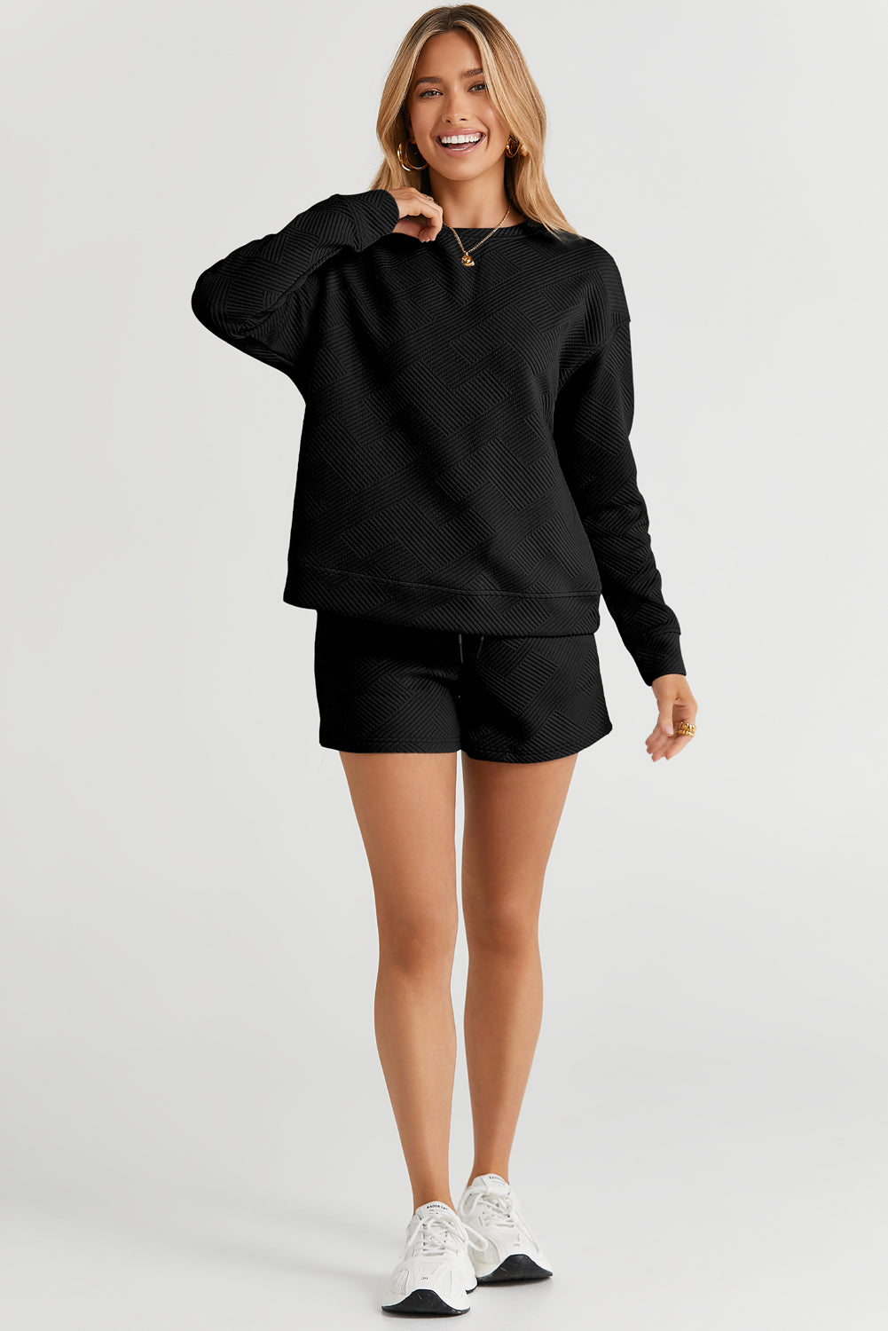 Black Textured Long Sleeve Top & Drawstring Shorts