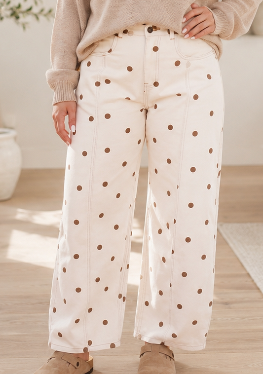 PRE-ORDER Beige Polka Dot Plus Barrel Jeans