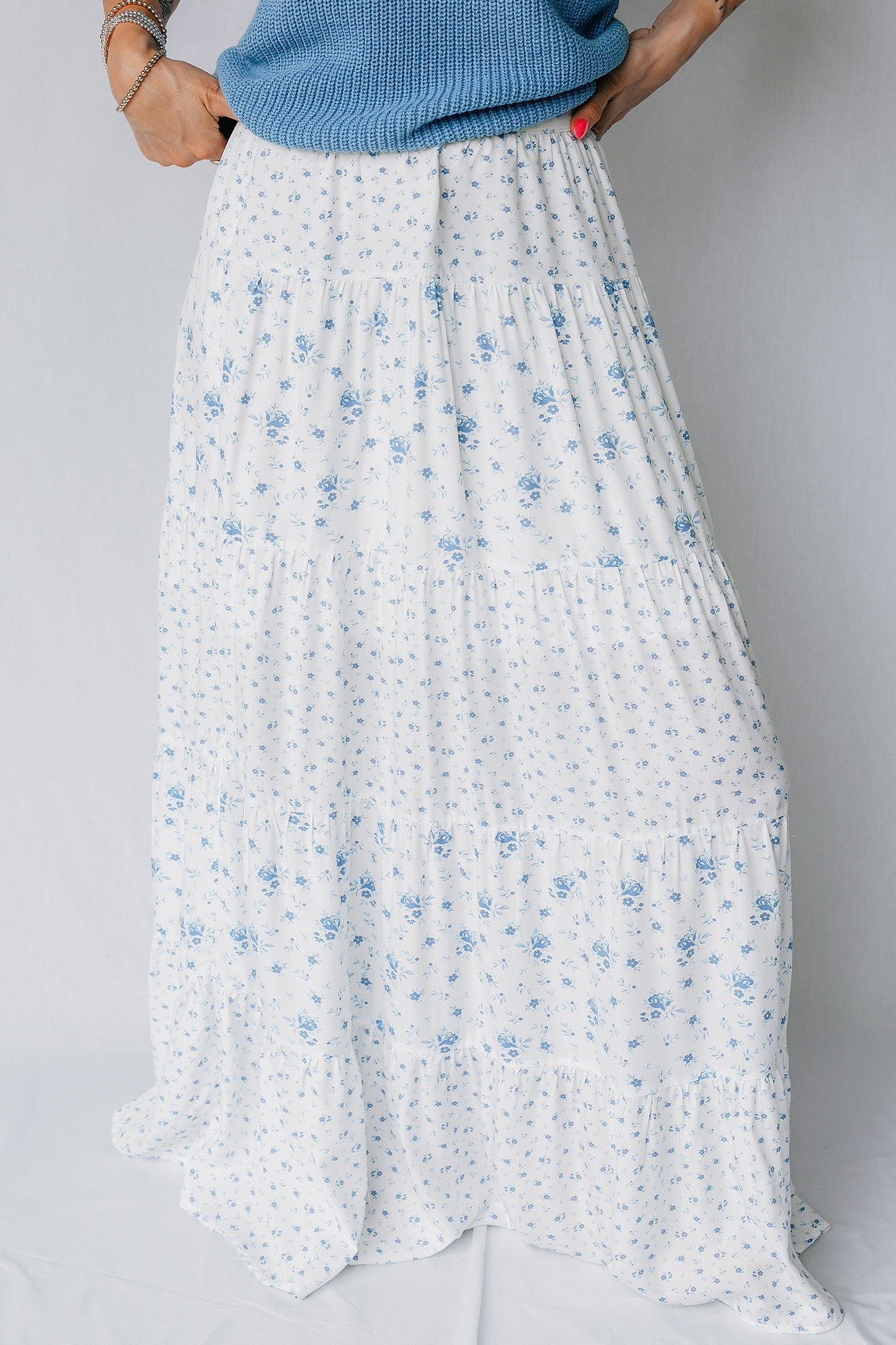 PRE-ORDER Blue Waist Floral Boho Skirt
