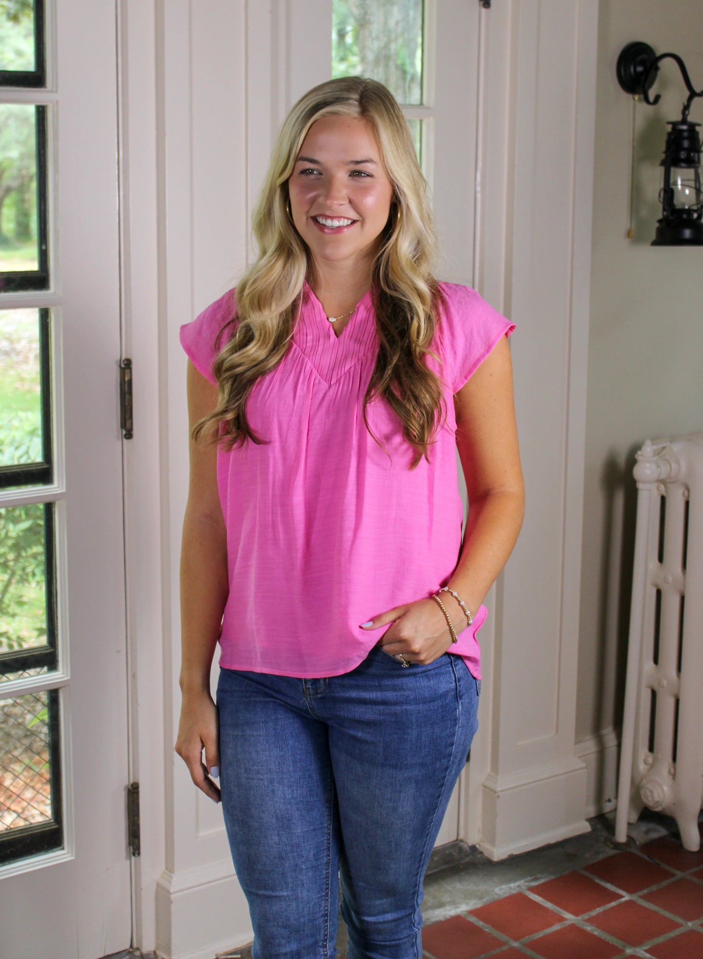 Pink Split Neck Blouse