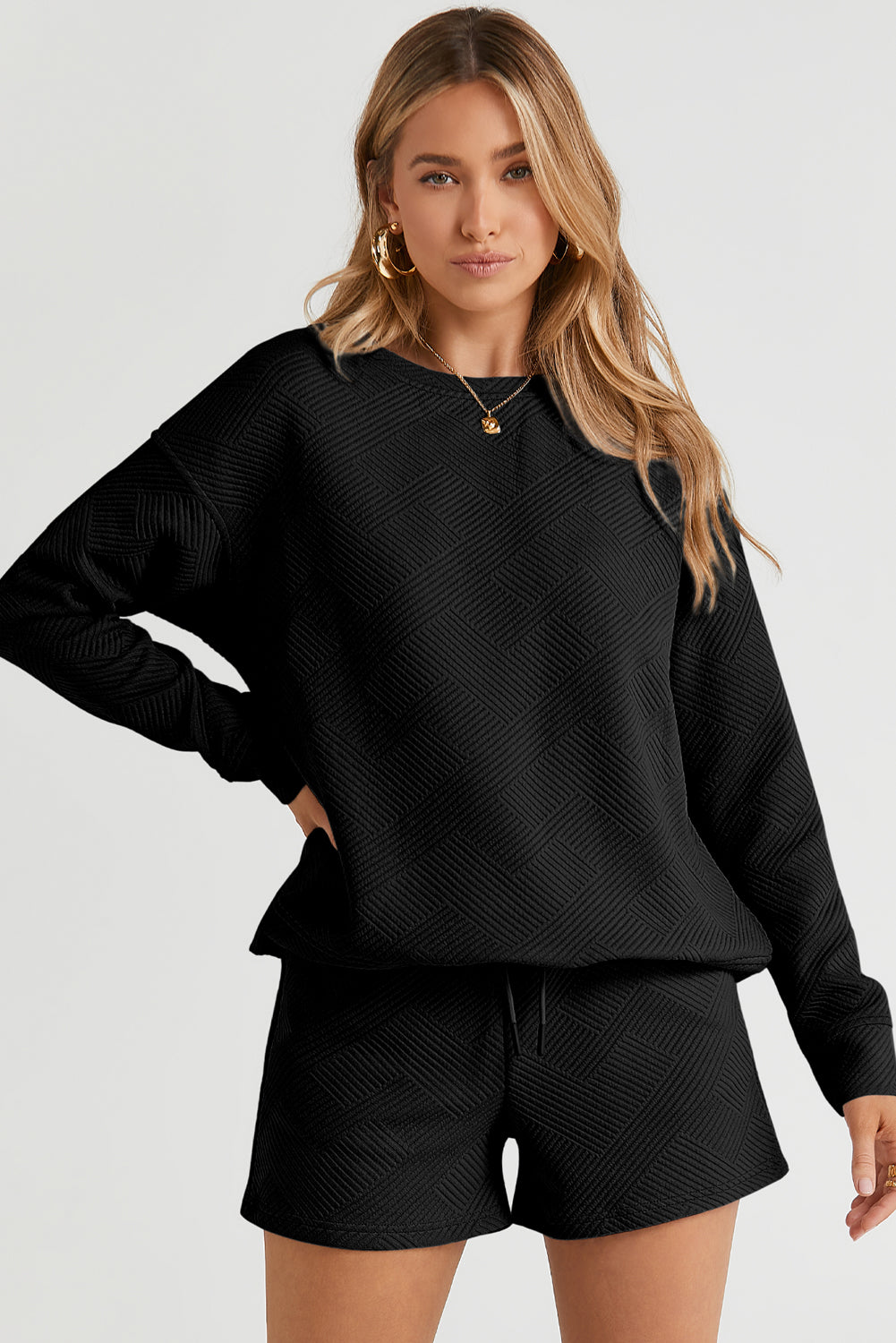 Black Textured Long Sleeve Top & Drawstring Shorts