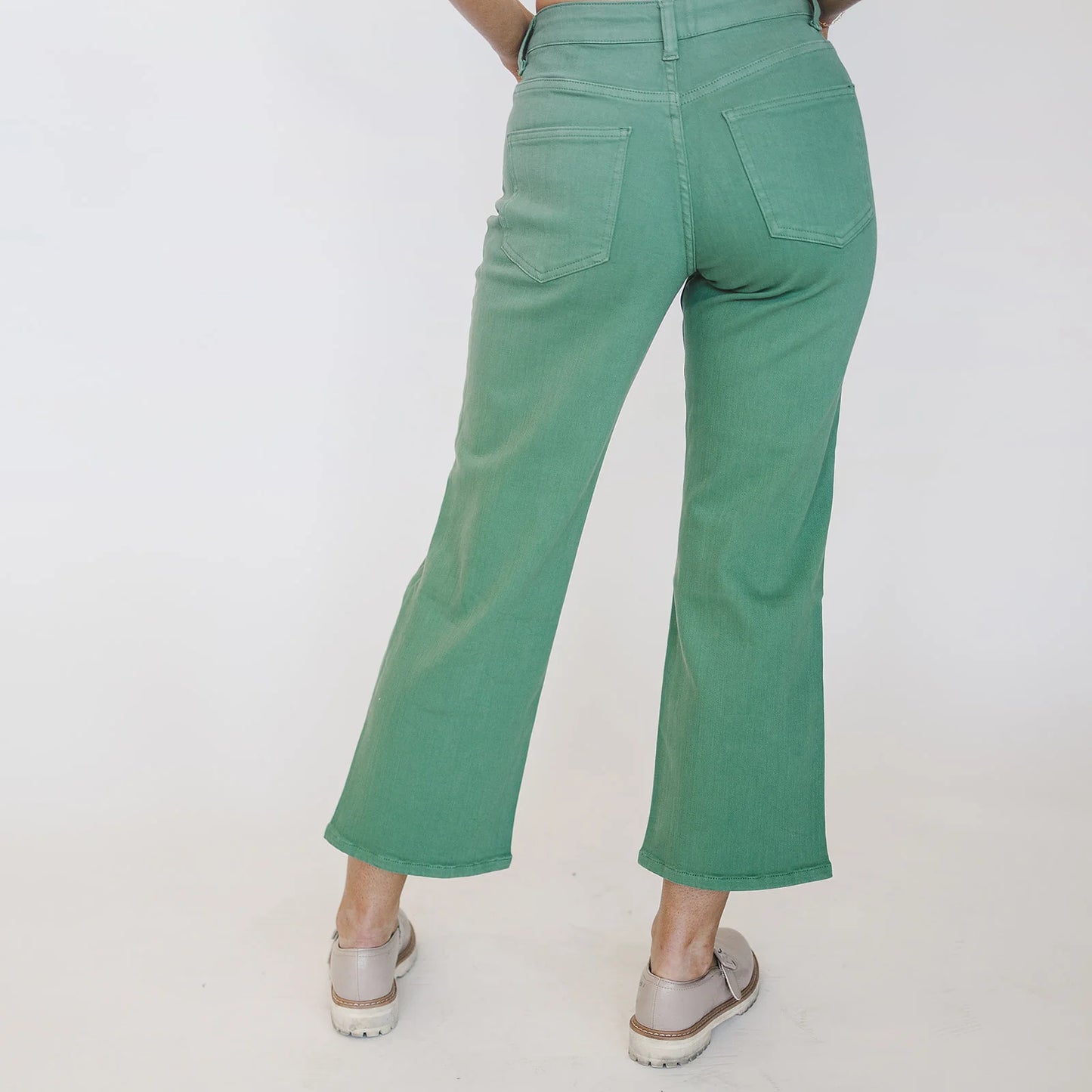 Hi-Rise Garment-Dyed Cropped Wide Leg Jeans - Green