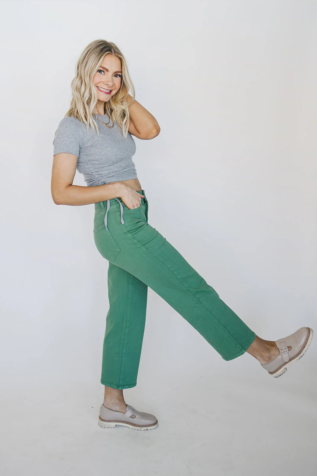 Hi-Rise Garment-Dyed Cropped Wide Leg Jeans - Green