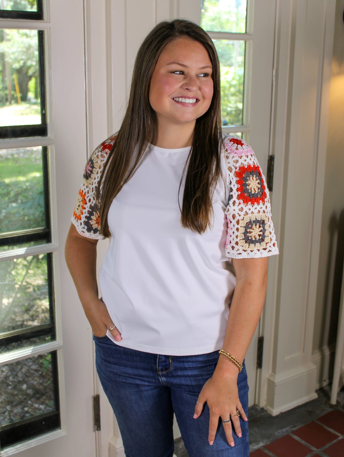 White Crochet Sleeve Top