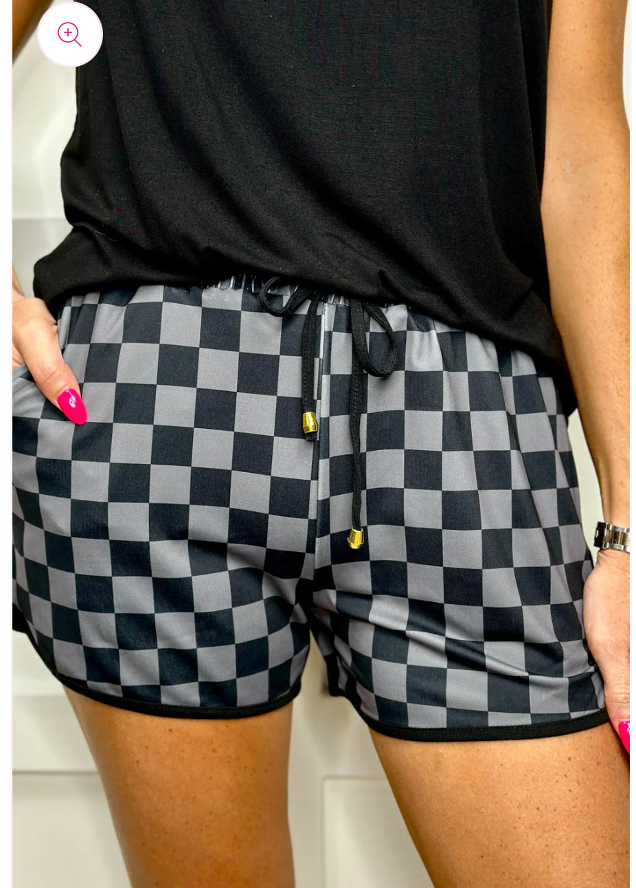 Checkered Drawstring Everyday Shorts-BLACK