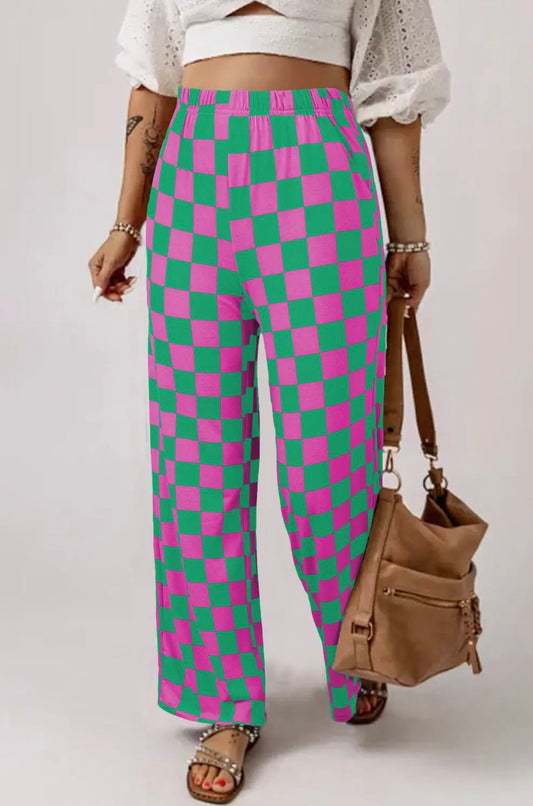 Pink/Green Checkered High Waist Pants