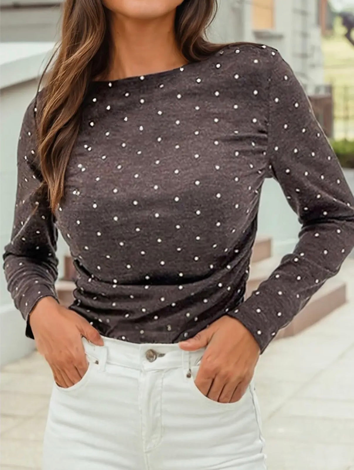 Brown Polka Dot Knit Top